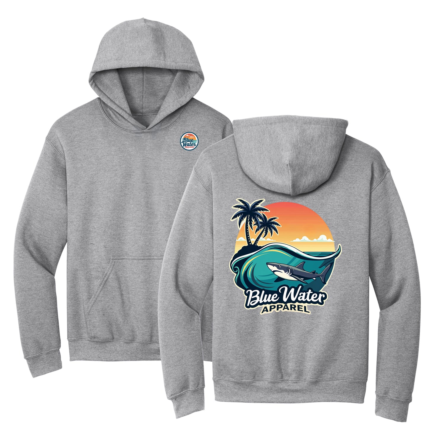 flat lay sport grey shark wave hoodie by blue water apparel