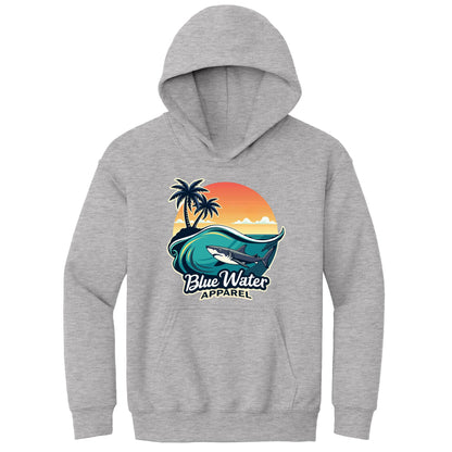 flat lay sport grey shark wave kids hoodie by blue water apparel