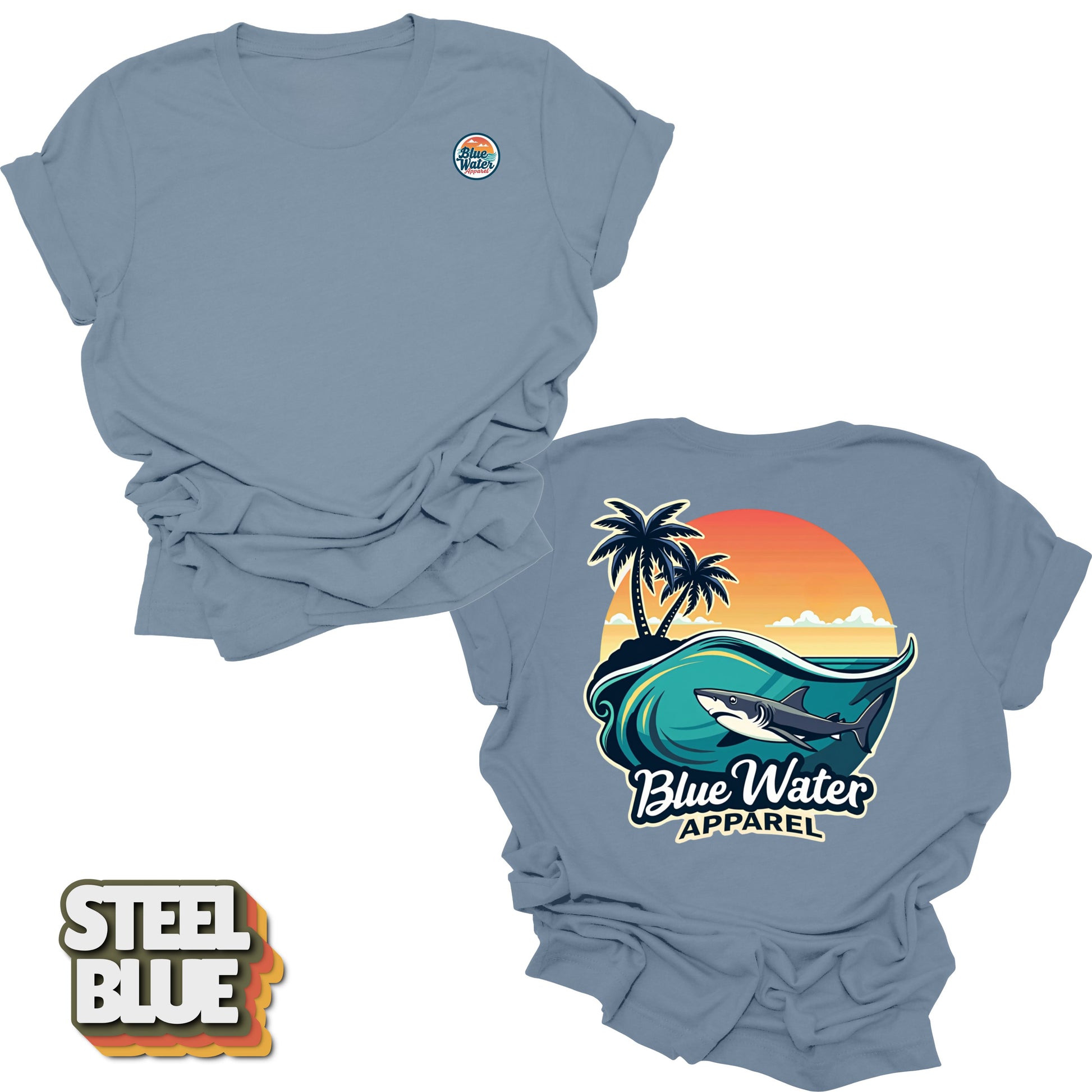 back graphic steel blue shark wave tee by blue water apparel