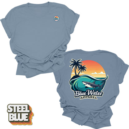 back graphic steel blue shark wave tee by blue water apparel