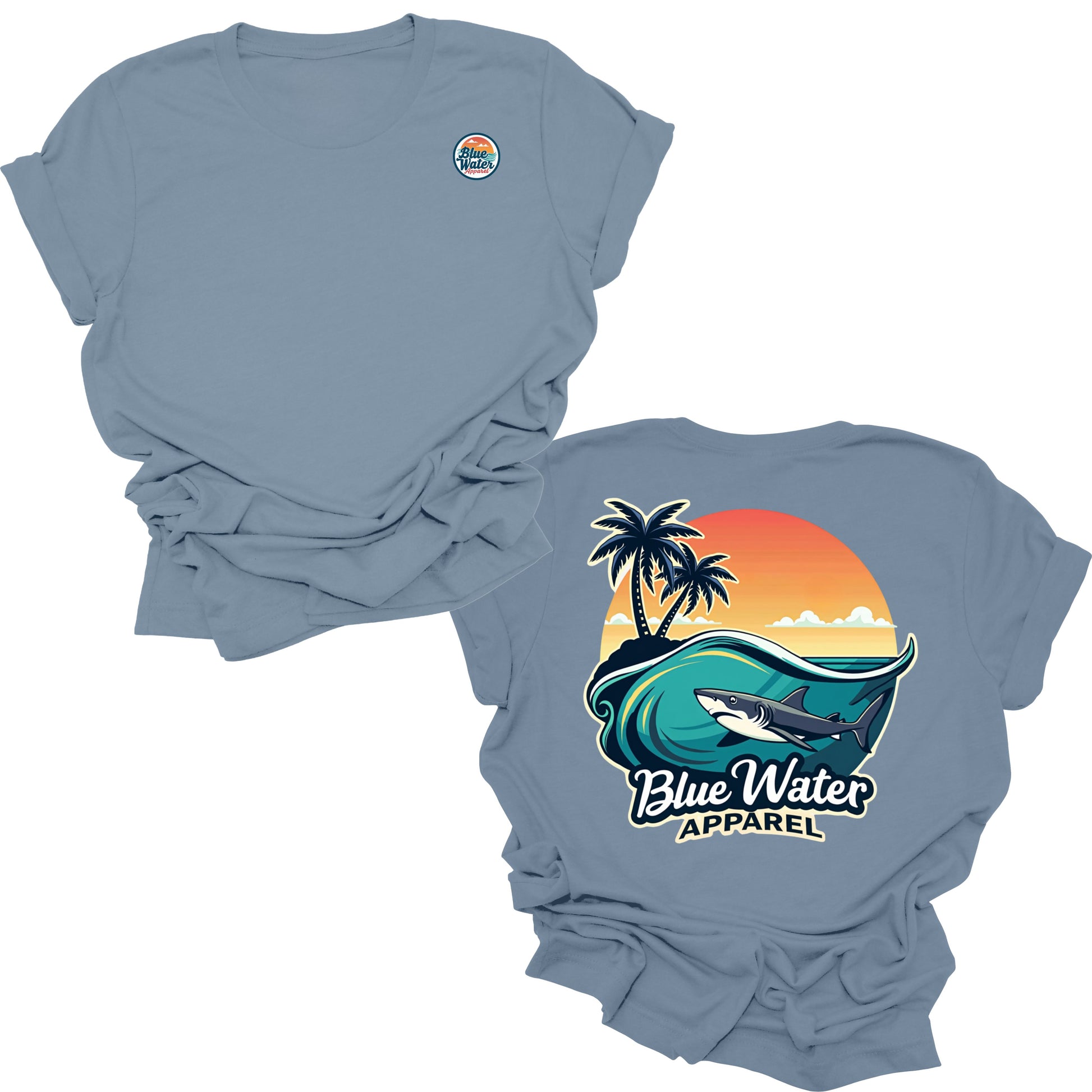 flat lay steel blue shark wave tee by blue water apparel