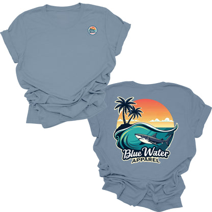 flat lay steel blue shark wave tee by blue water apparel