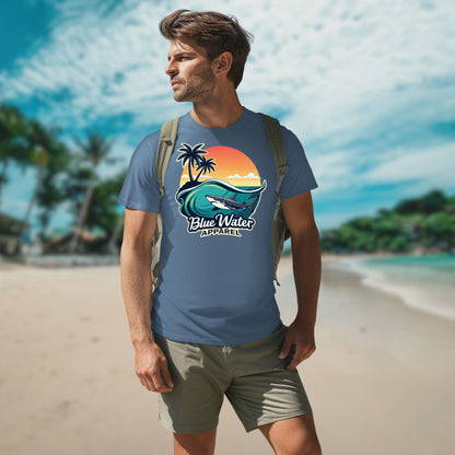 man on beach wearing steel blue shark wave tee by blue water apparel