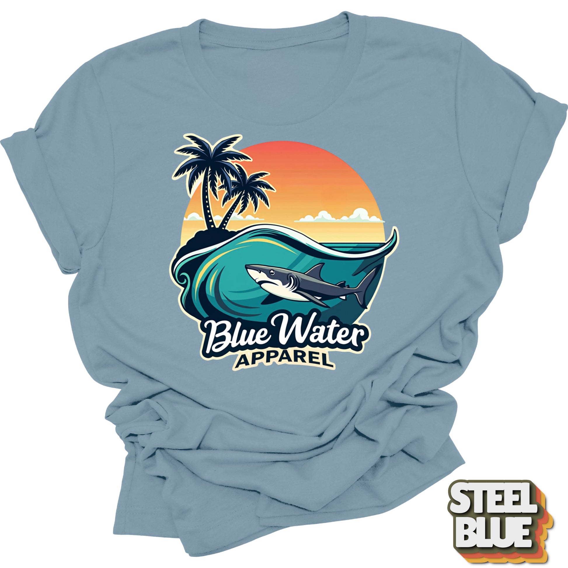 flat lay front graphic shark wave steel blue tee by blue water apparel