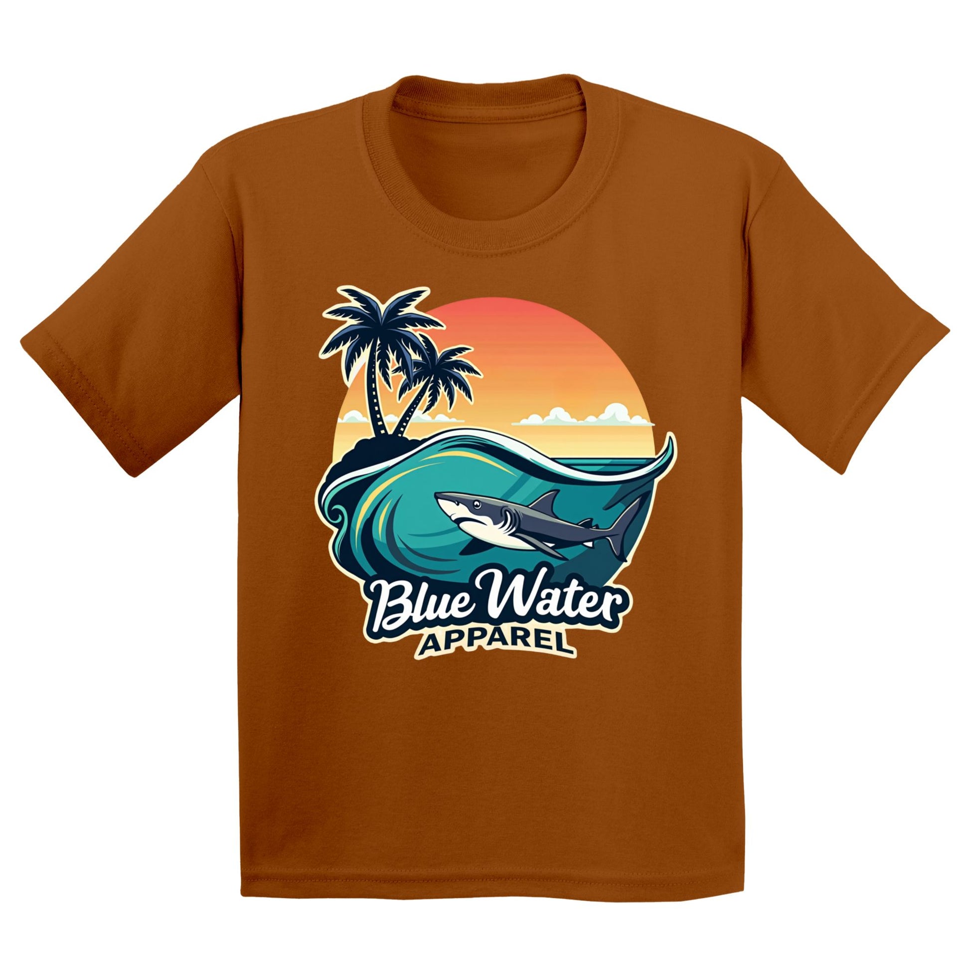 flat lay texas orange shark wave kids tee by blue water apparel