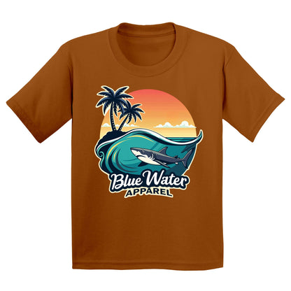 flat lay texas orange shark wave kids tee by blue water apparel