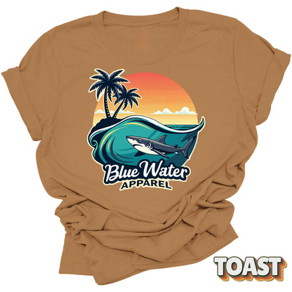 flat lay front graphic shark wave toast tee by blue water apparel