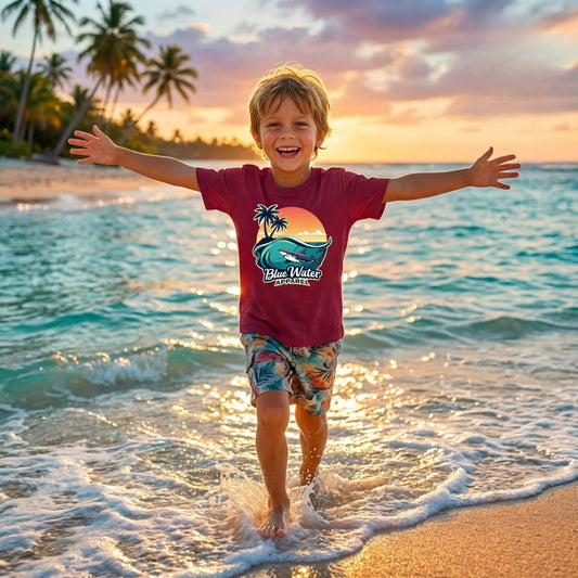 child wearing cardinal red shark wave kids tee playing on beach in water by blue water apparel