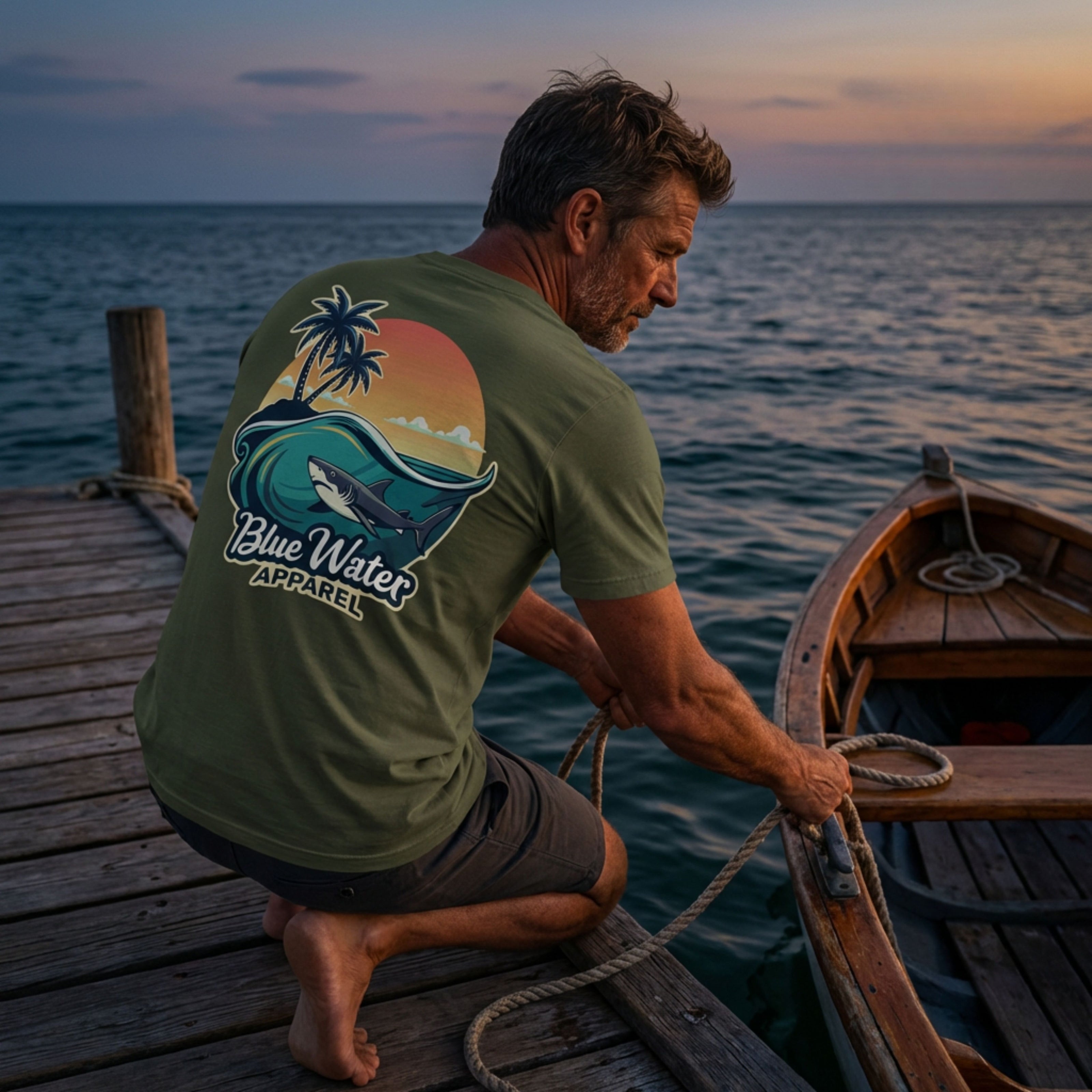 man wearing military green shark wave tee on dock tying up boat by blue water apparel