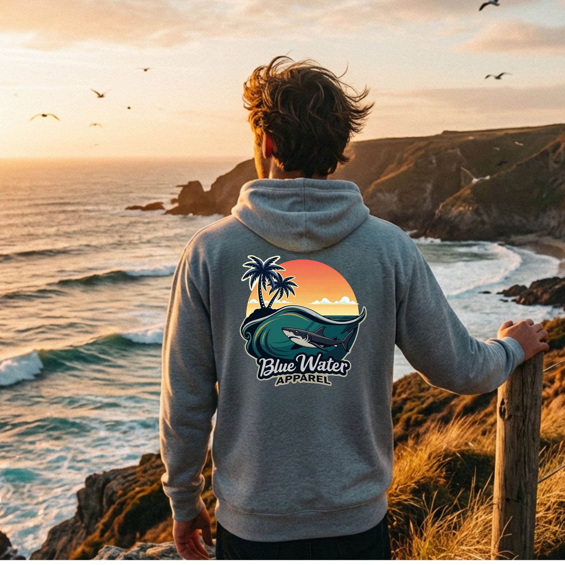 man wearing sport grey shark wave adult hoodie standing on seaside cliff by blue water apparel