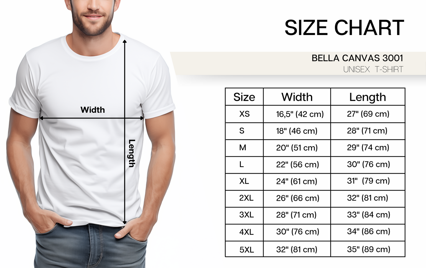 men's size chart for bella canvas unisex 3001 tee