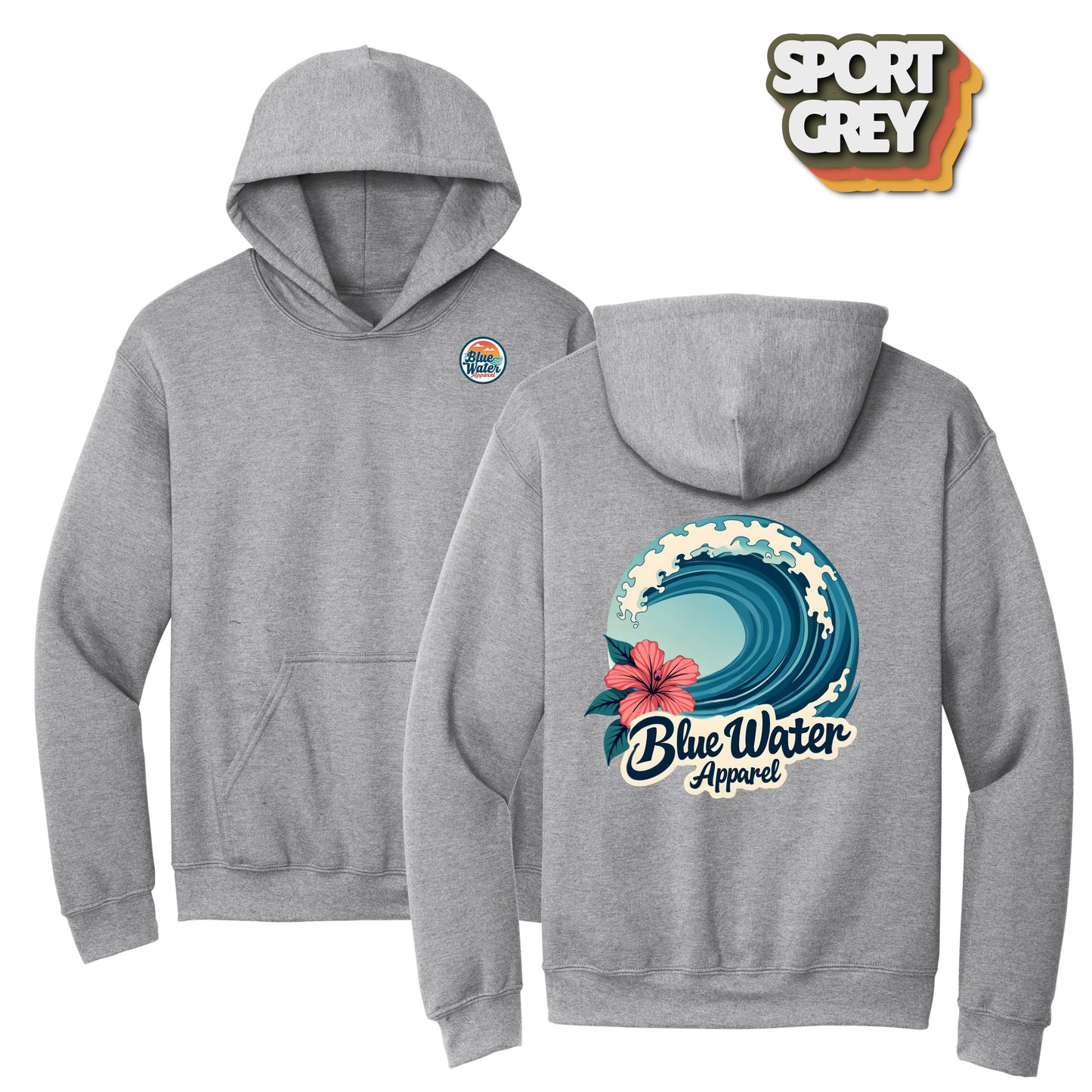 flat lay sport grey hibiscus wave hoodie by blue water apparel