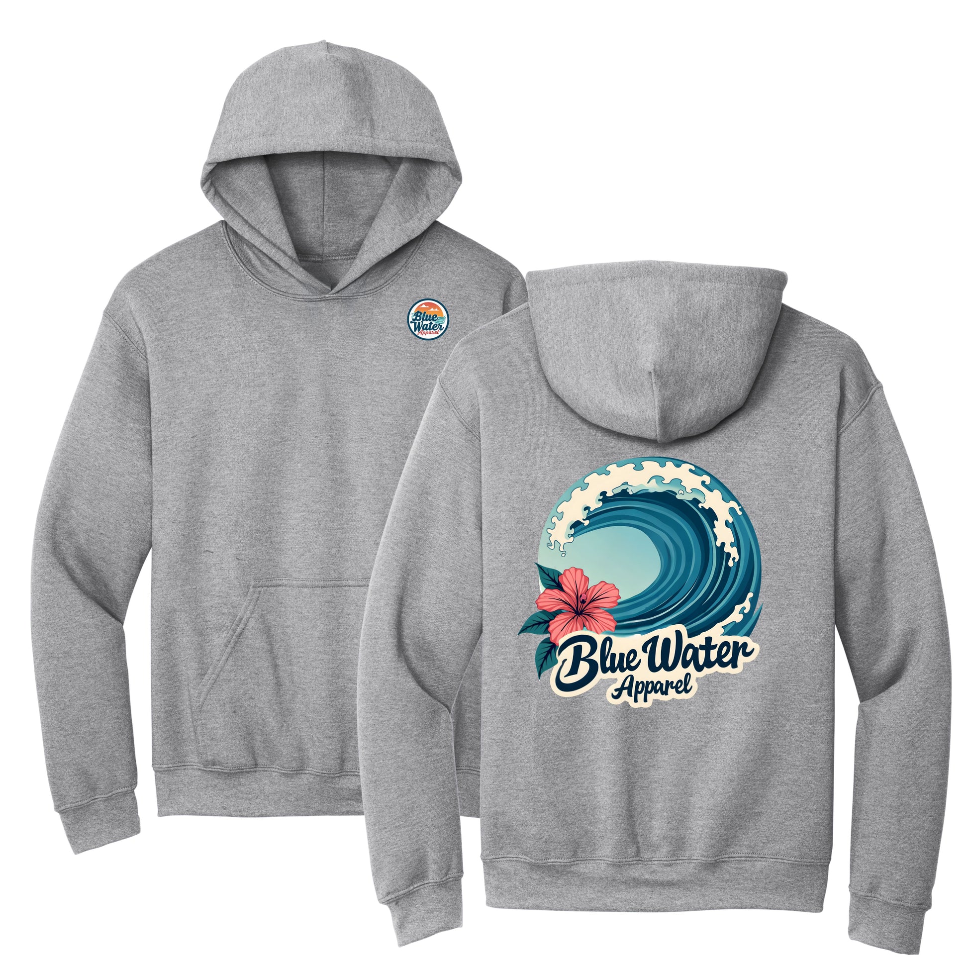 flat lay sport grey hibiscus wave hoodie by blue water apparel