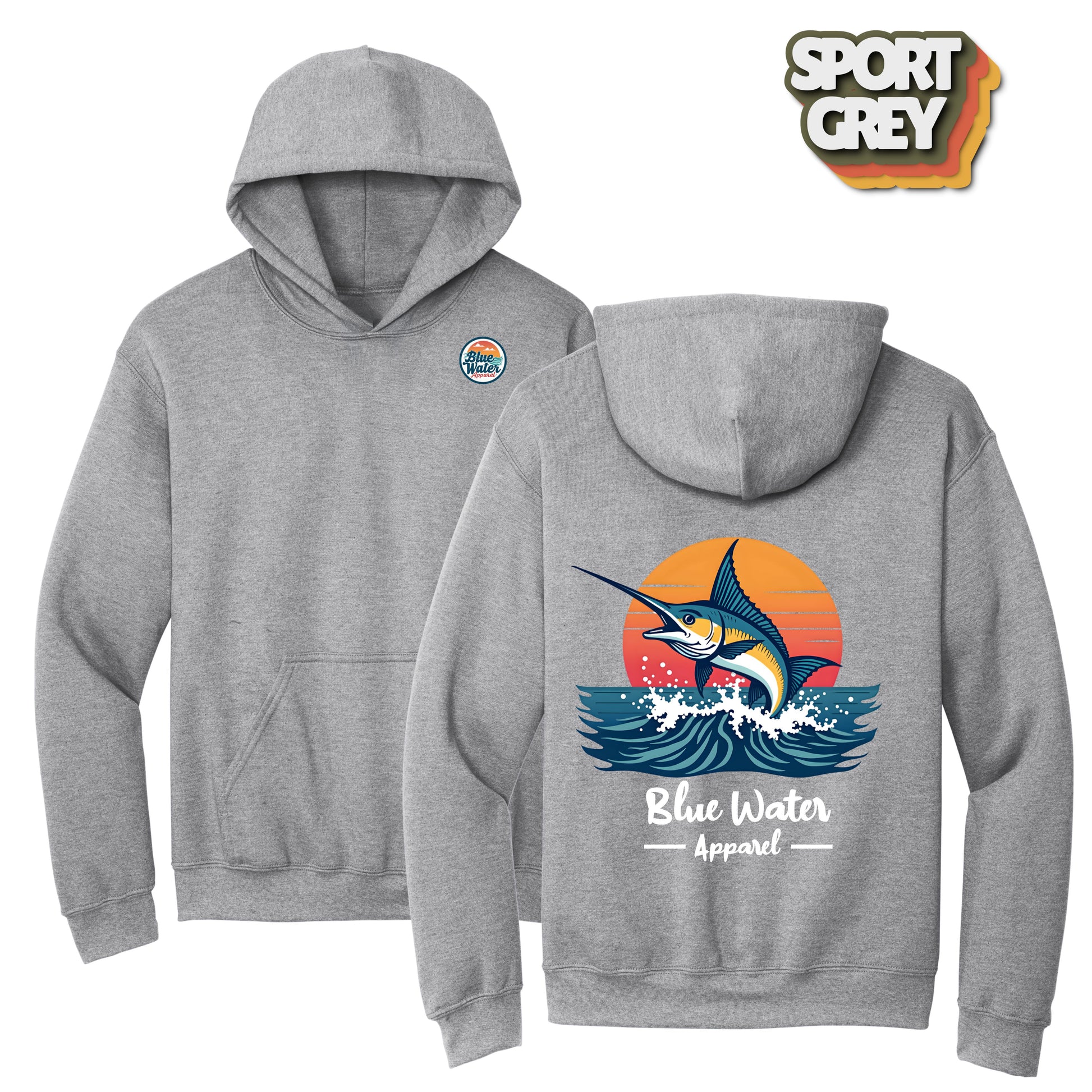 flat lay back graphic grey vintage marlin hoodie by blue water apparel