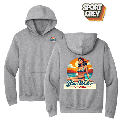 flat lay sport grey vintage pin up hoodie by blue water apparel