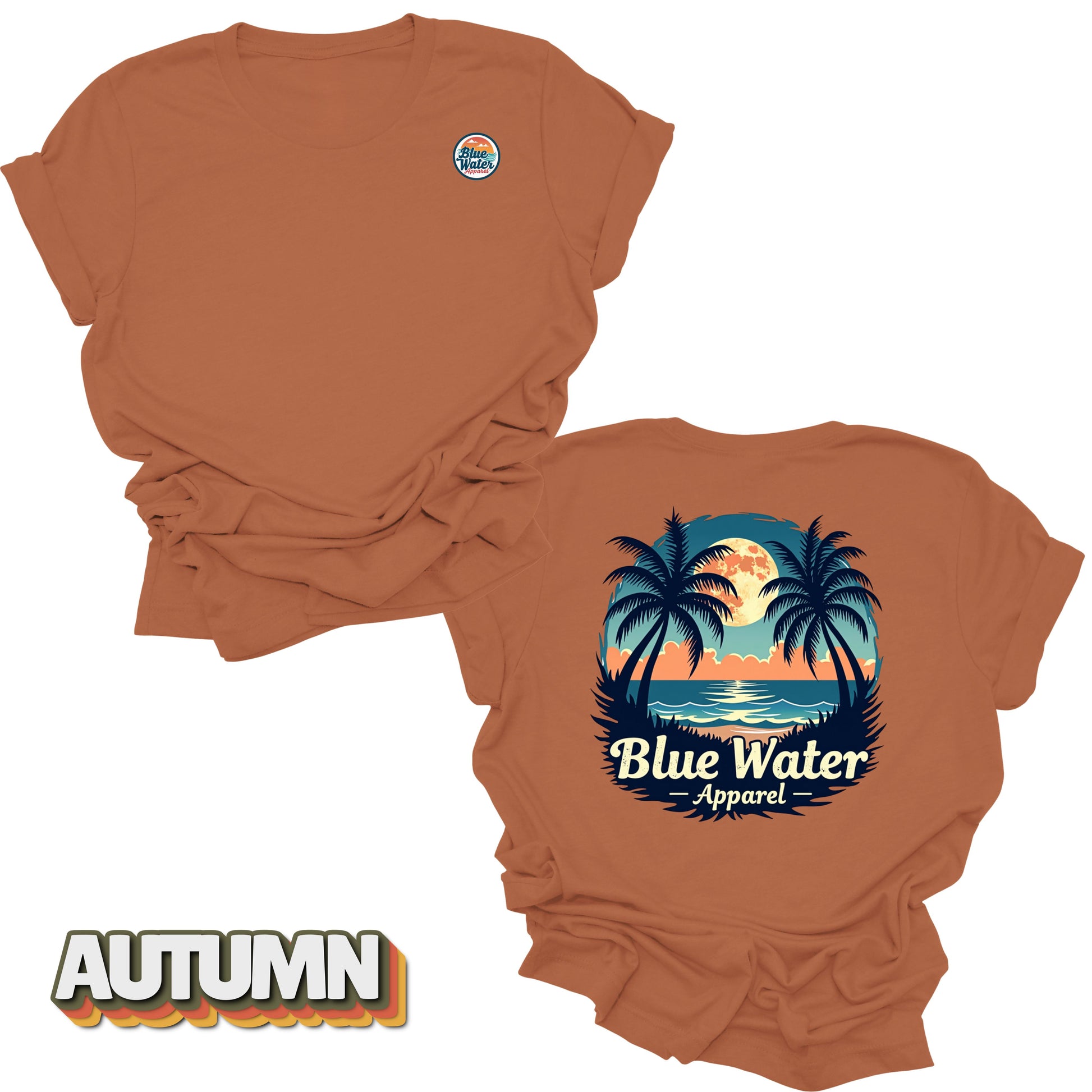 front and back flat lay of autumn tropical moon tee by blue water apparel