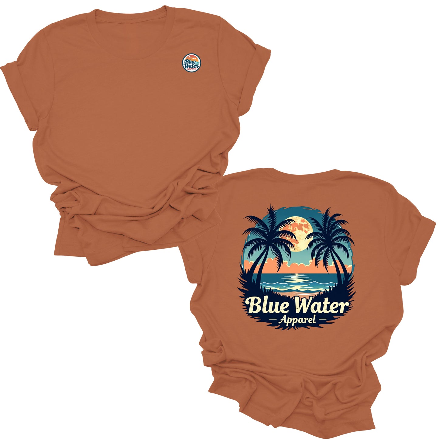 flat lay autumn tropical moon tee by blue water apparel