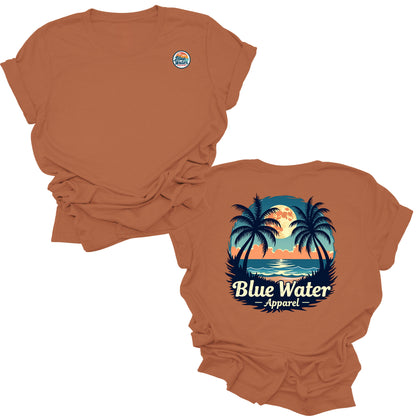 flat lay autumn tropical moon tee by blue water apparel