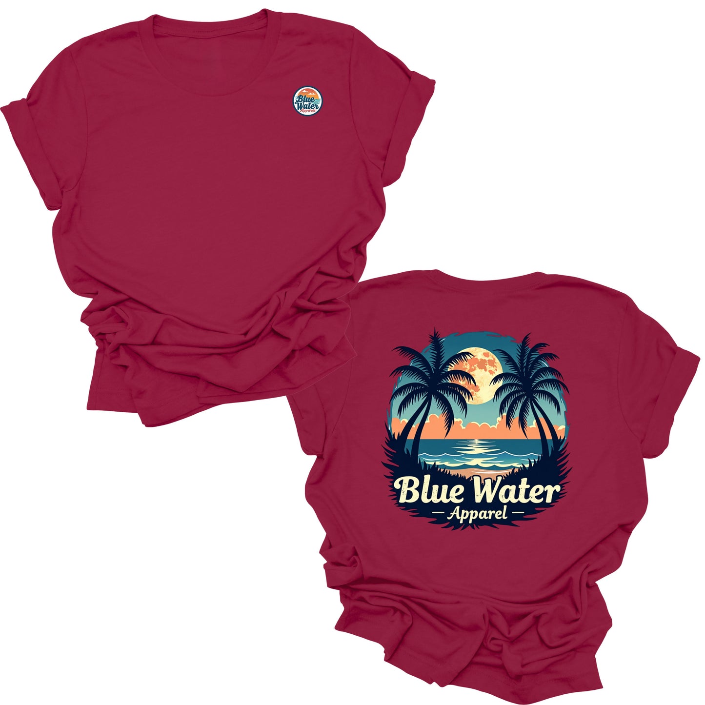 front and back flat lay of cardinal tropical moon tee by blue water apparel