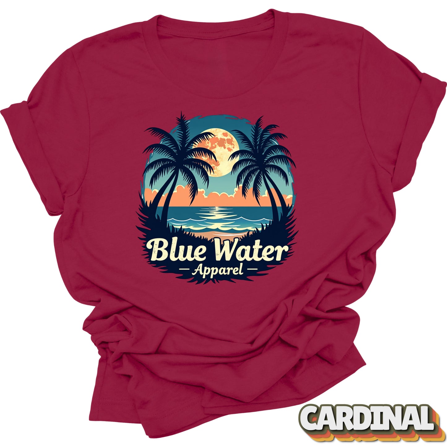 flat lay front graphic of cardinal tropical moon tee by blue water apparel