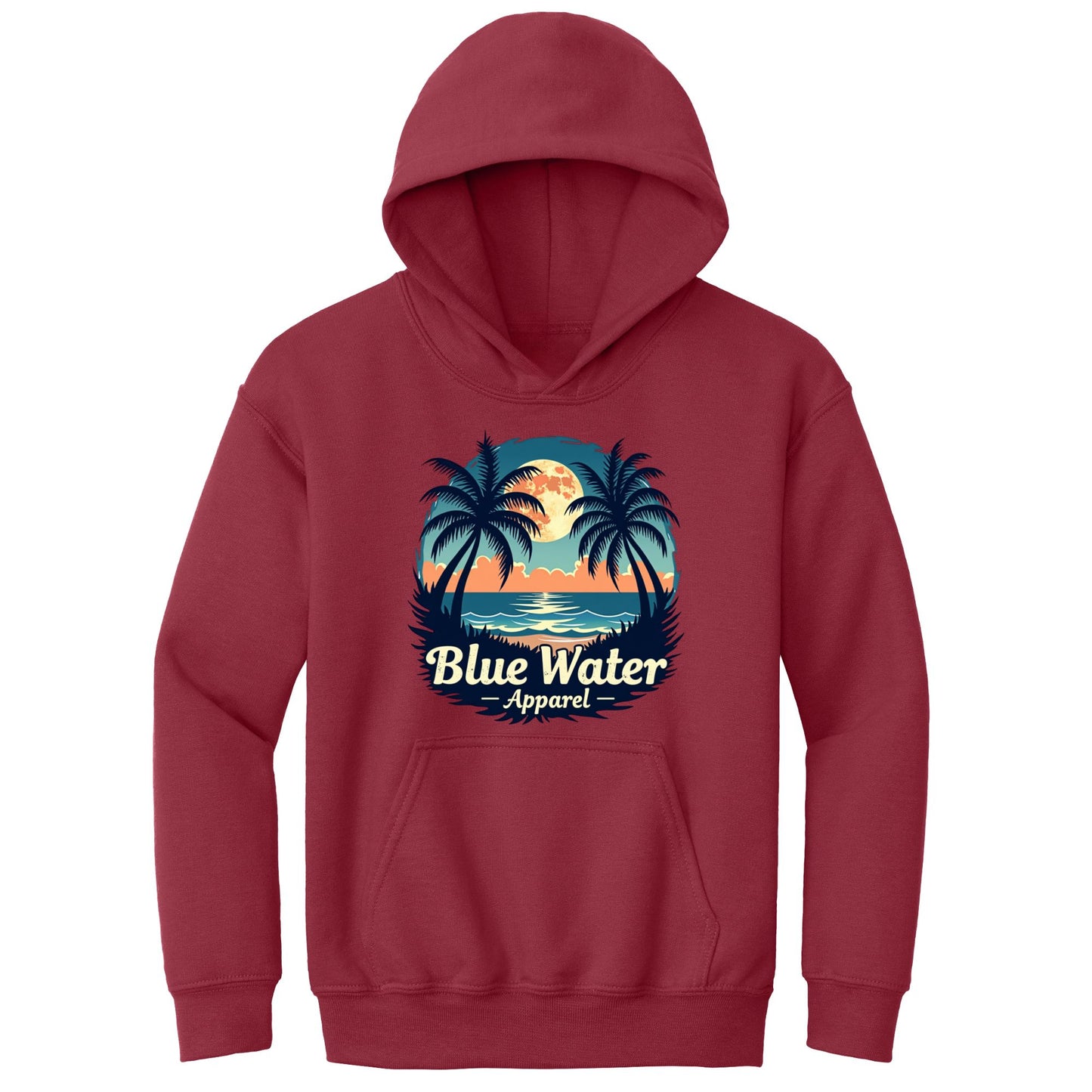 flat lay cardinal red tropical moon kids hoodie by blue water apparel