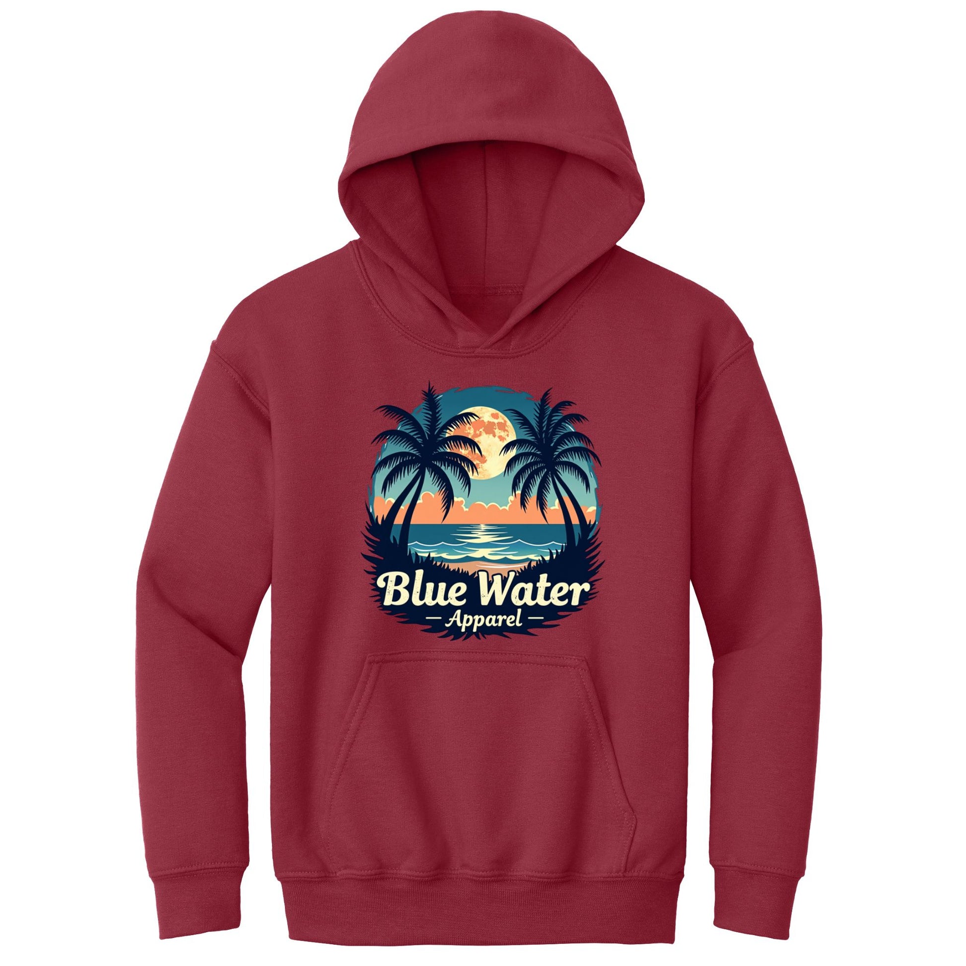 flat lay cardinal red tropical moon kids hoodie by blue water apparel