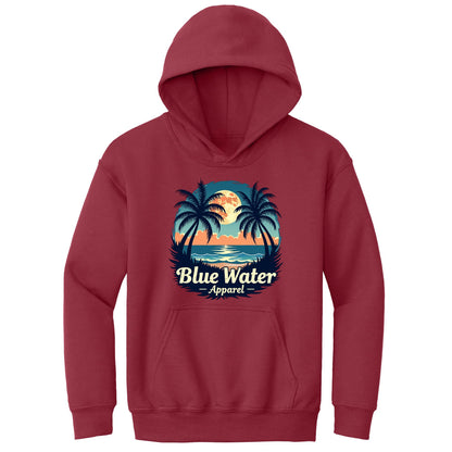 flat lay cardinal red tropical moon kids hoodie by blue water apparel