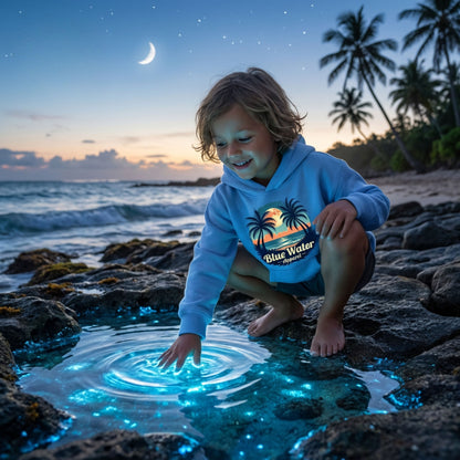 child wearing carolina blue tropical moon kids hoodie playing in a bioluminescent pool by blue water apparel