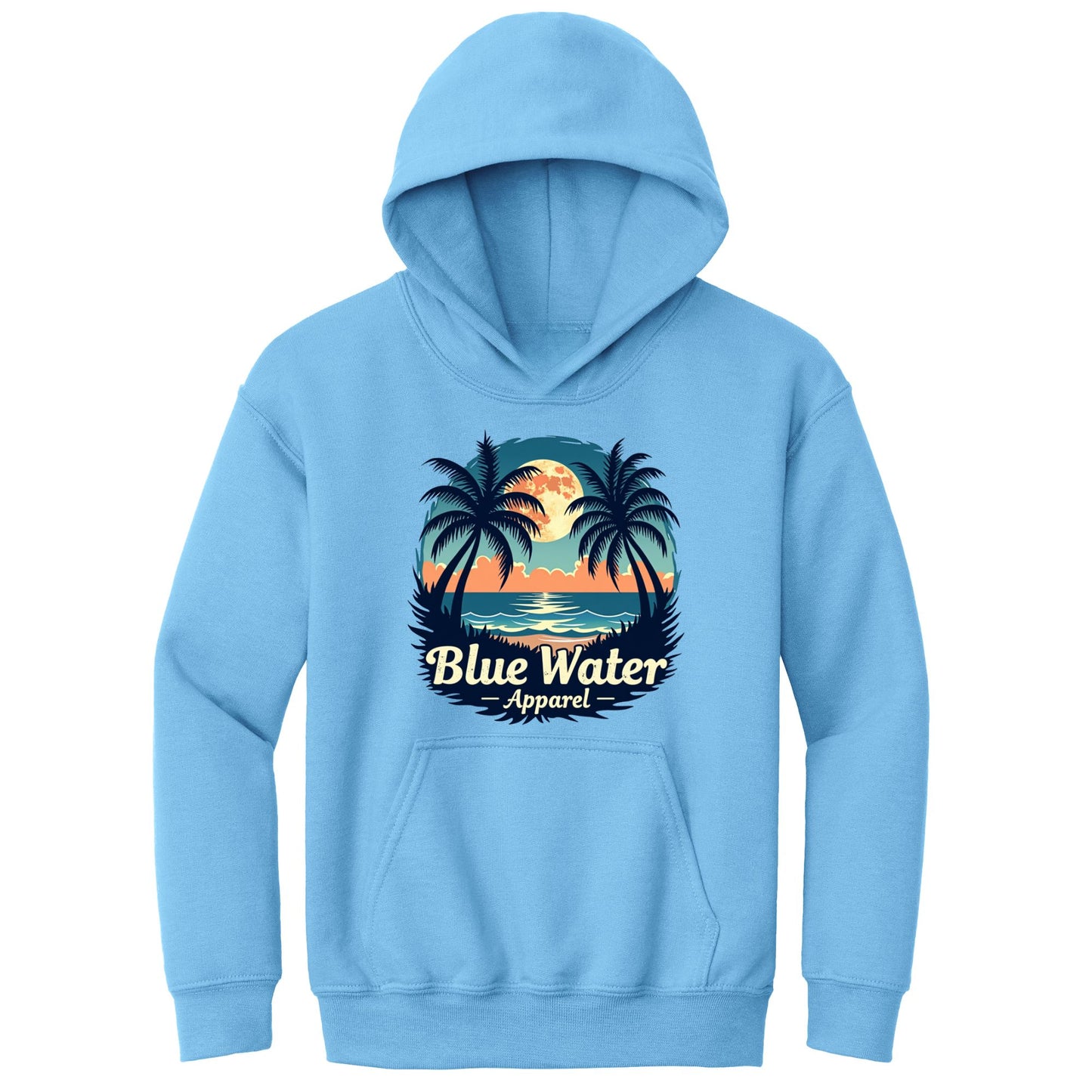 flat lay carolina blue tropical moon kids hoodie by blue water apparel