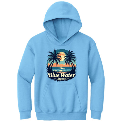 flat lay carolina blue tropical moon kids hoodie by blue water apparel