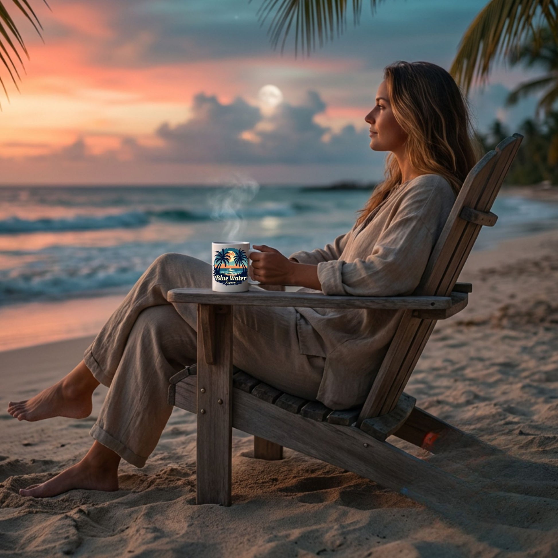 woman holding tropical moon coffee mug on sunset beach by blue water apparel