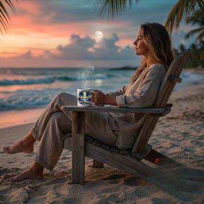 woman holding tropical moon coffee mug on sunset beach by blue water apparel
