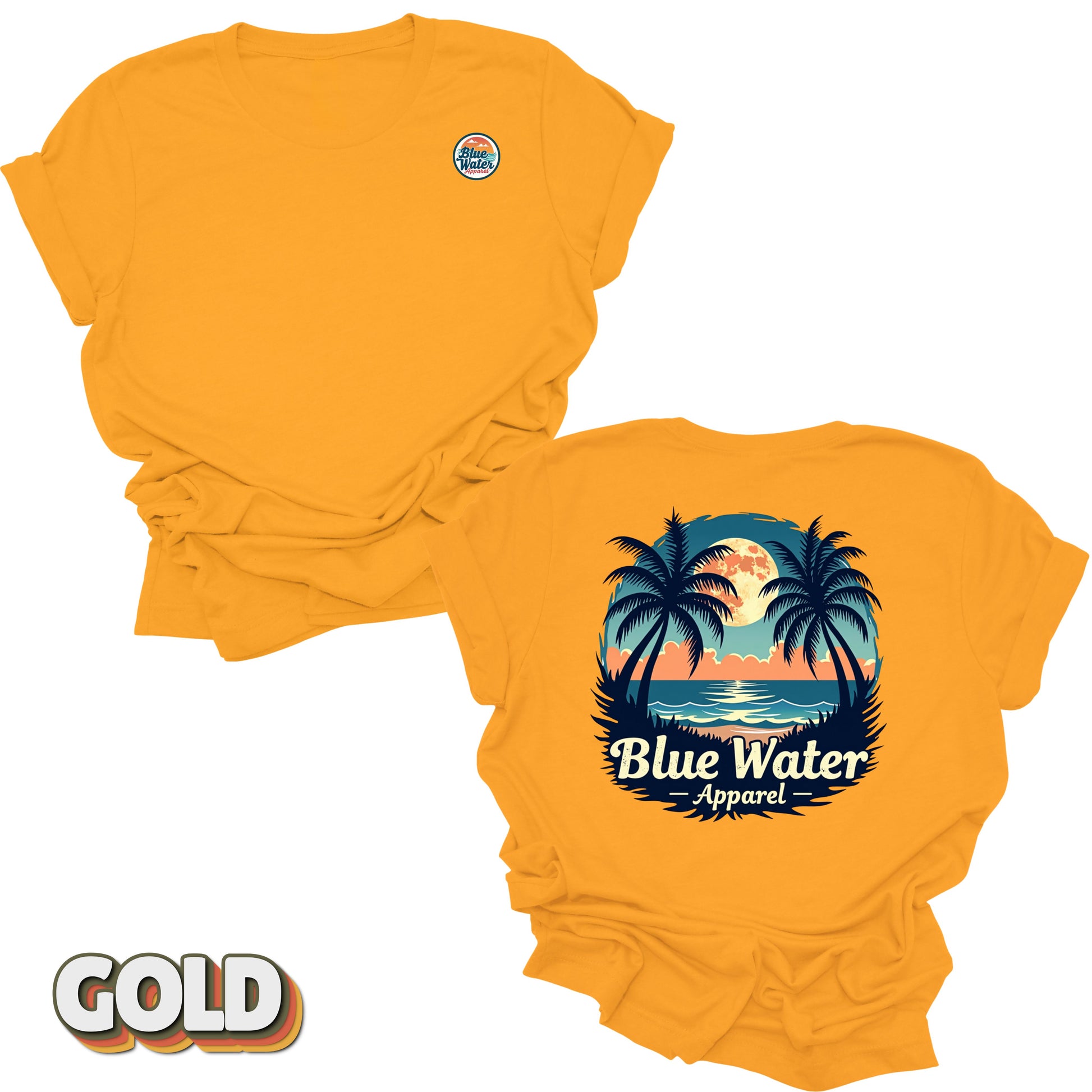 front and back flat lay of gold tropical moon tee by blue water apparel