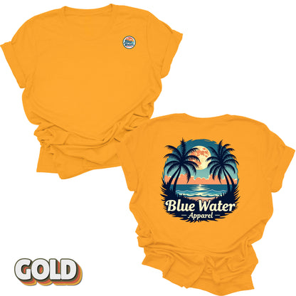 front and back flat lay of gold tropical moon tee by blue water apparel
