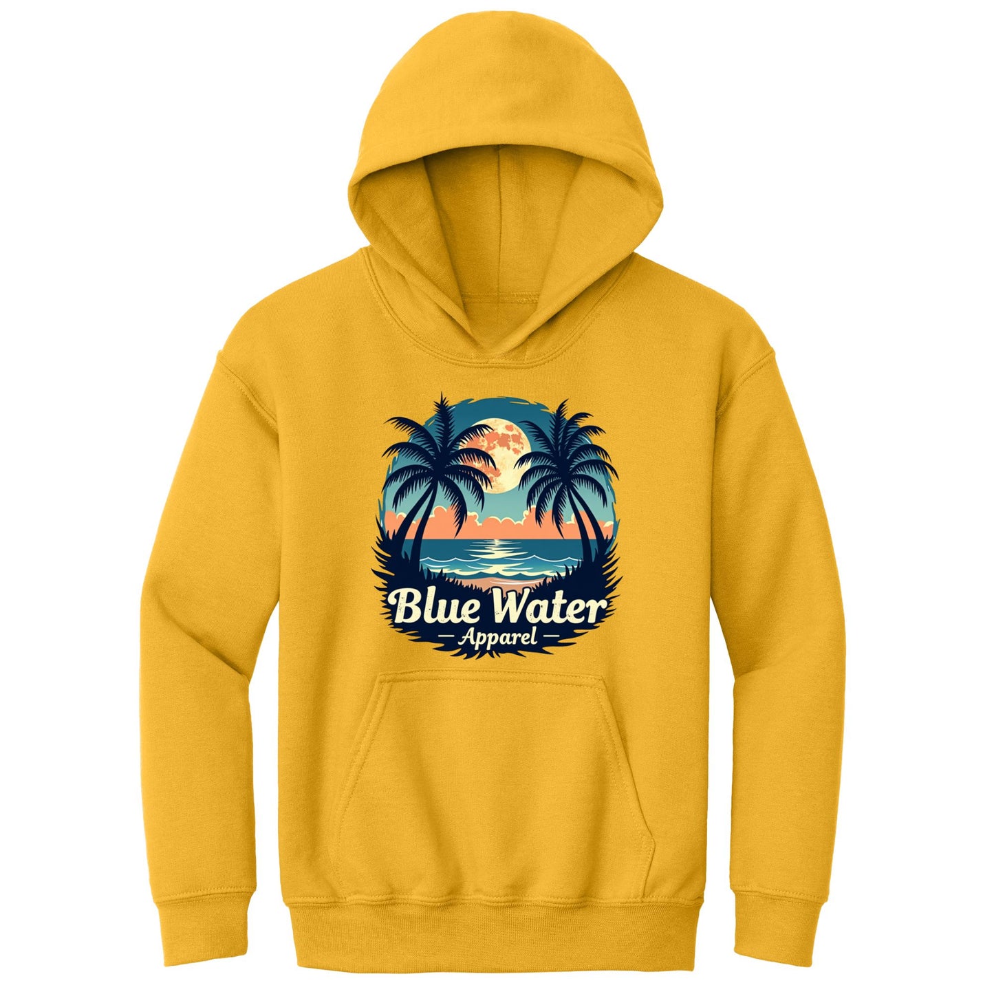 flat lay gold tropical moon kids hoodie by blue water apparel