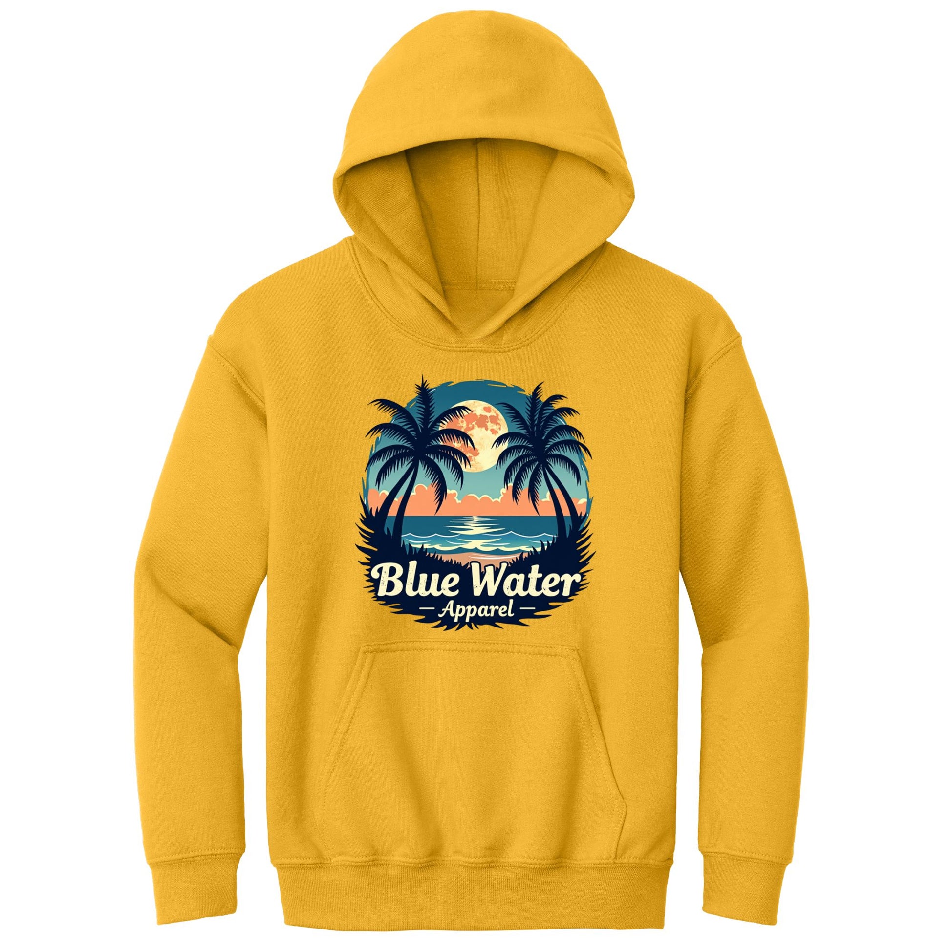 flat lay gold tropical moon kids hoodie by blue water apparel