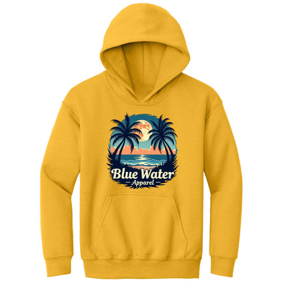 flat lay gold tropical moon kids hoodie by blue water apparel