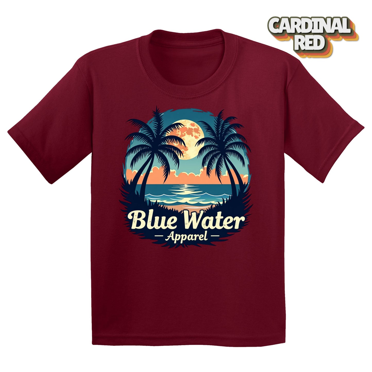 Flat lay tropical moon in cardinal red by blue water apparel