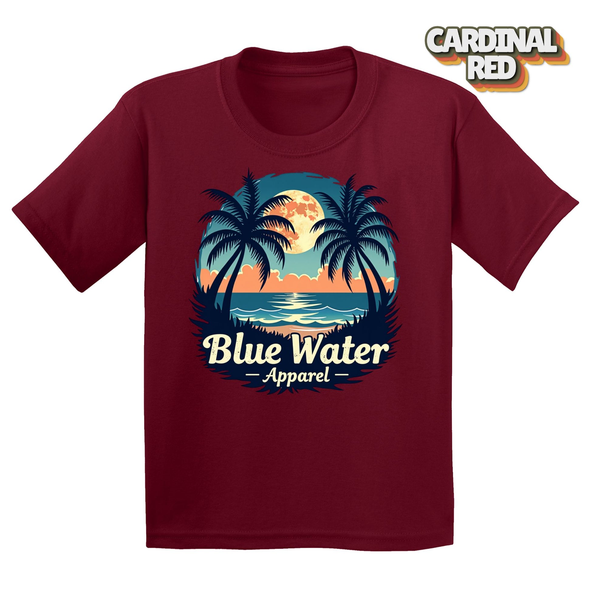 Flat lay tropical moon in cardinal red by blue water apparel