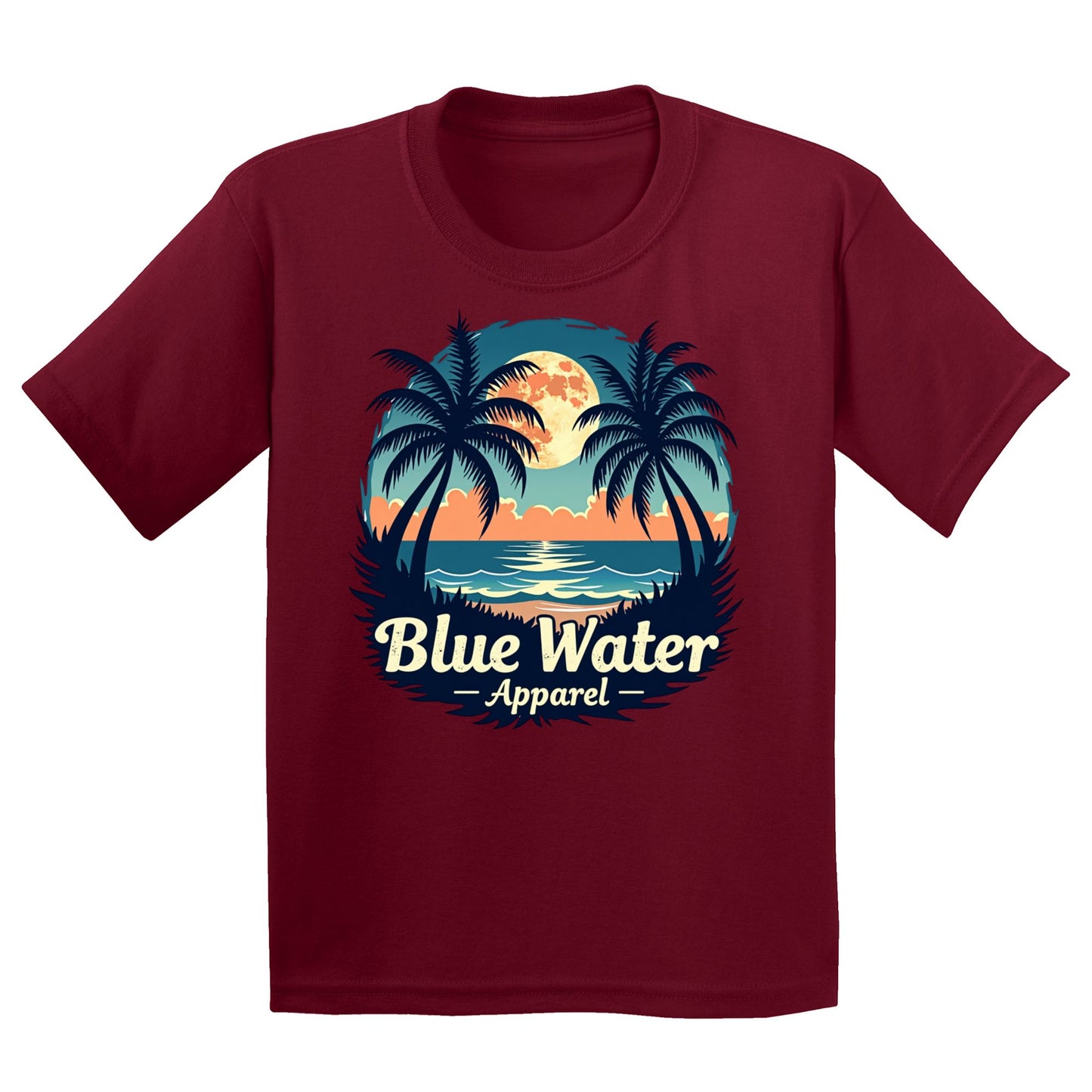 flat lay cardinal red tropical moon kids tee by blue water apparel