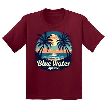 flat lay cardinal red tropical moon kids tee by blue water apparel