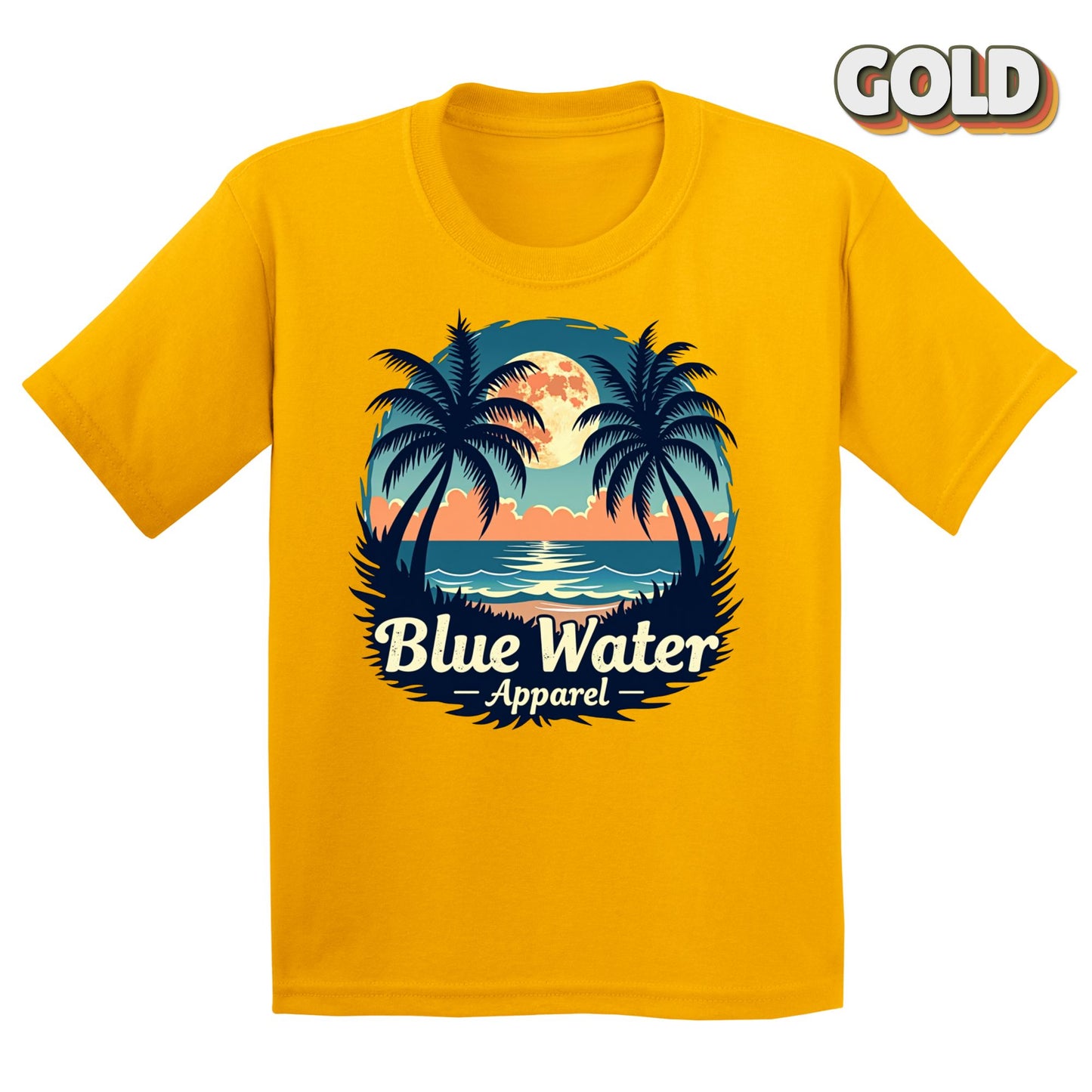 Flat lay tropical moon in gold by blue water apparel