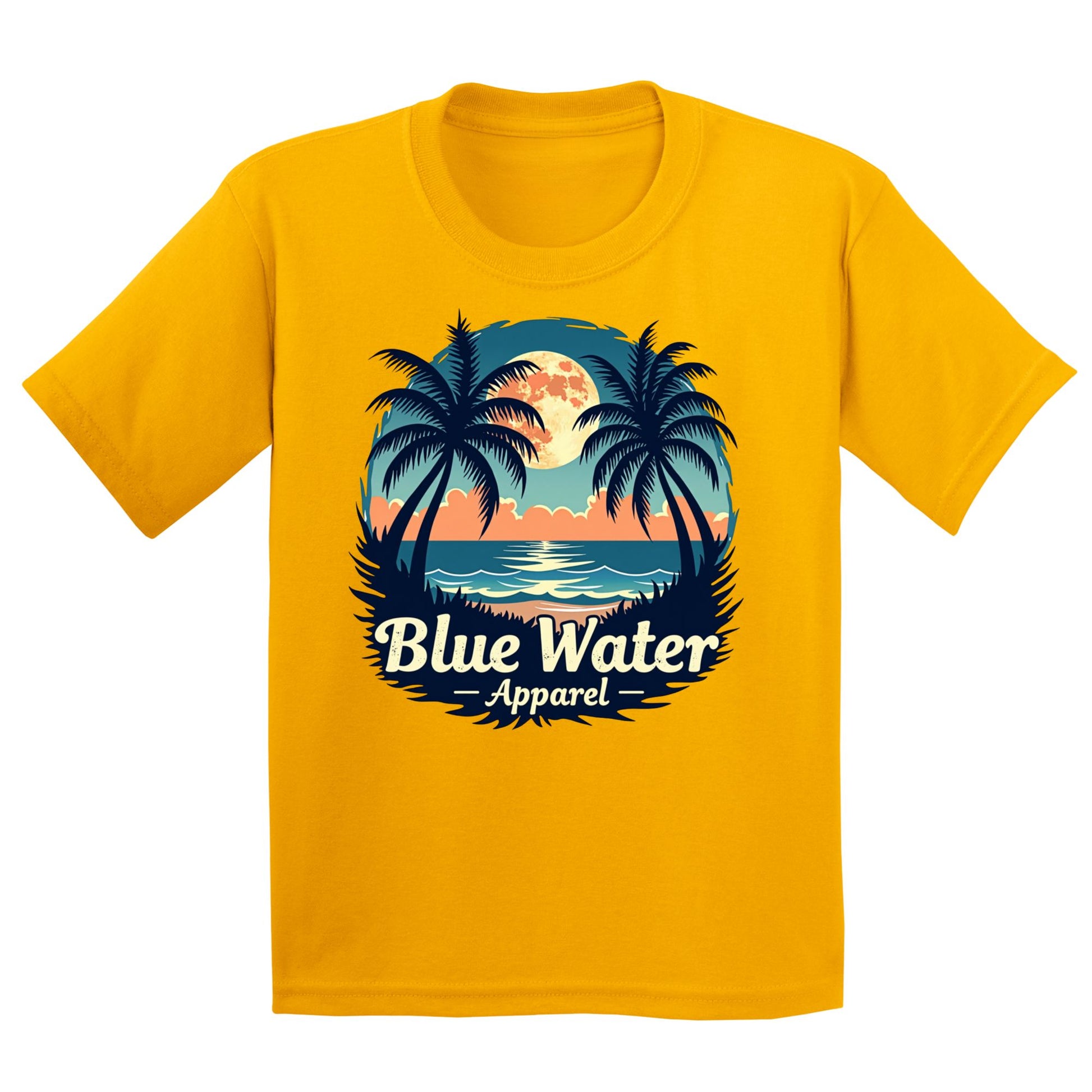 flat lay gold tropical moon kids tee by blue water apparel