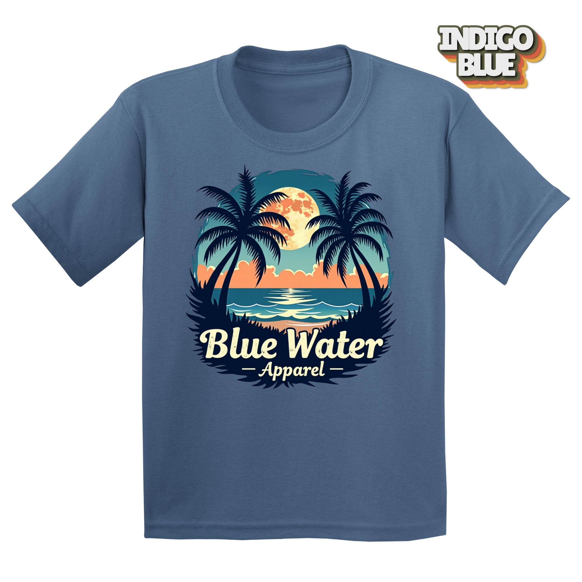 Flat lay tropical moon in indigo blue by blue water apparel
