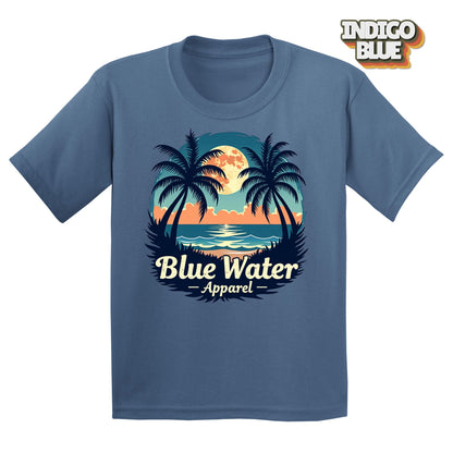Flat lay tropical moon in indigo blue by blue water apparel