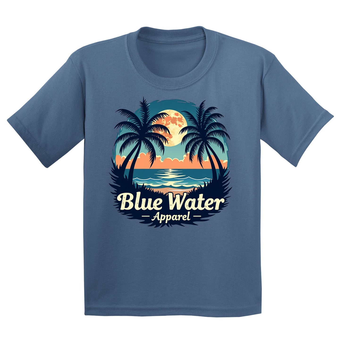 flat lay indigo blue tropical moon kids tee by blue water apparel