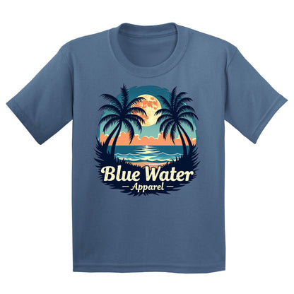 flat lay indigo blue tropical moon kids tee by blue water apparel