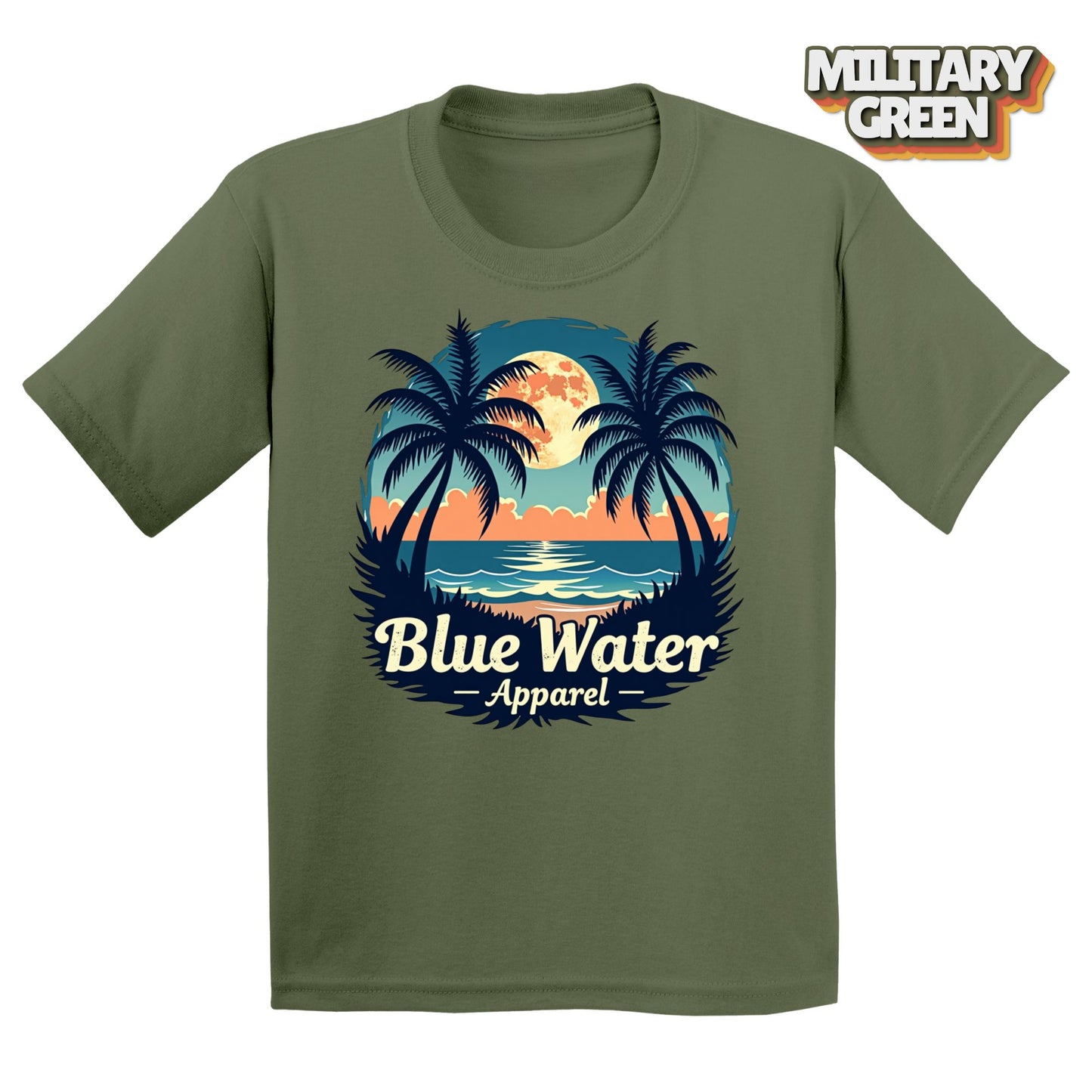 Flat lay tropical moon in military green by blue water apparel