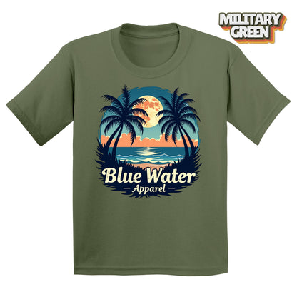 Flat lay tropical moon in military green by blue water apparel