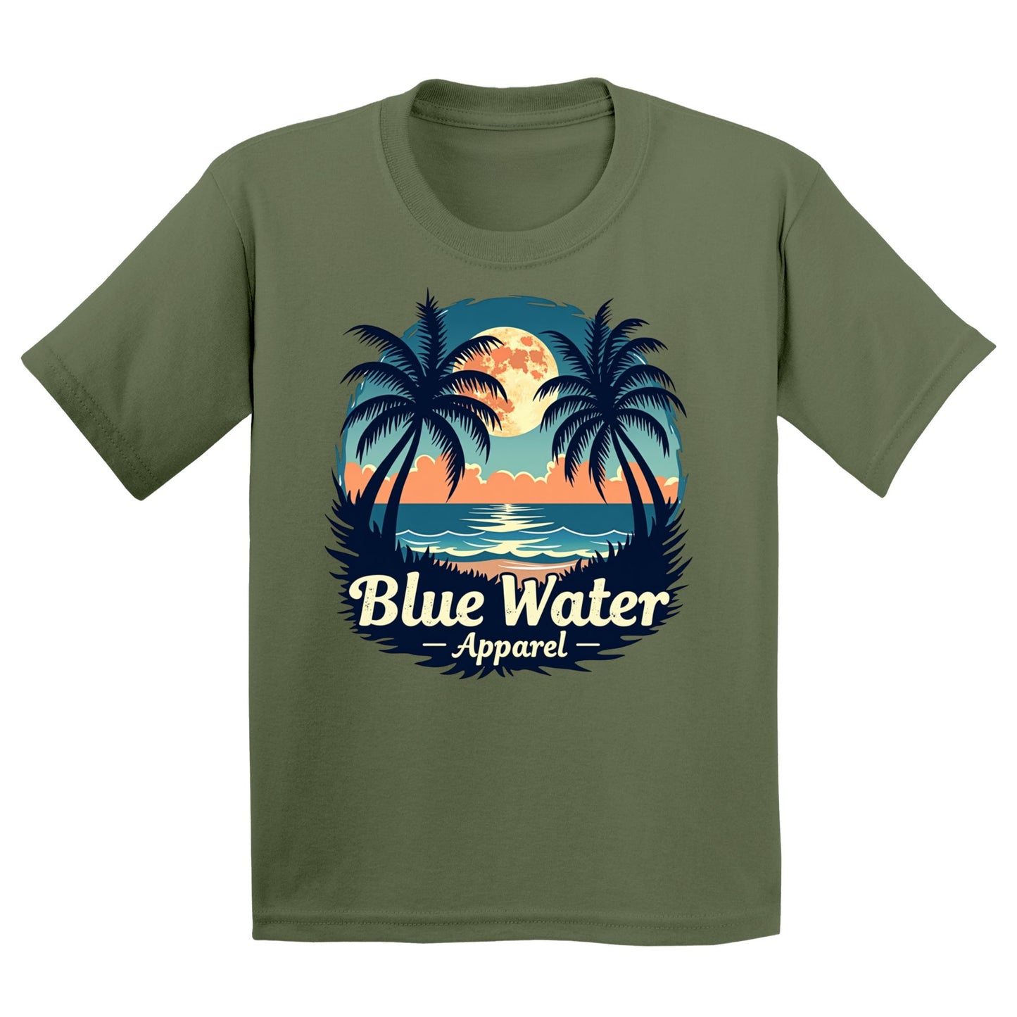 flat lay military green tropical moon kids tee by blue water apparel
